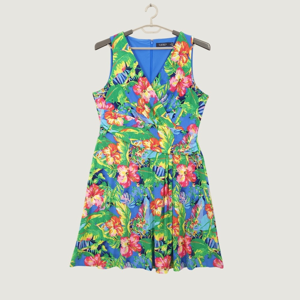 Lauren Ralph Lauren Dress Size 16 Tropical Floral V-Neck Ruched Waist Hawaiian